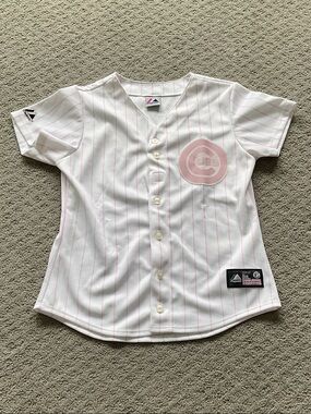 Majestic White Baseball Jersey with Pink Pinstripes and Pink Cubs Logo 0548